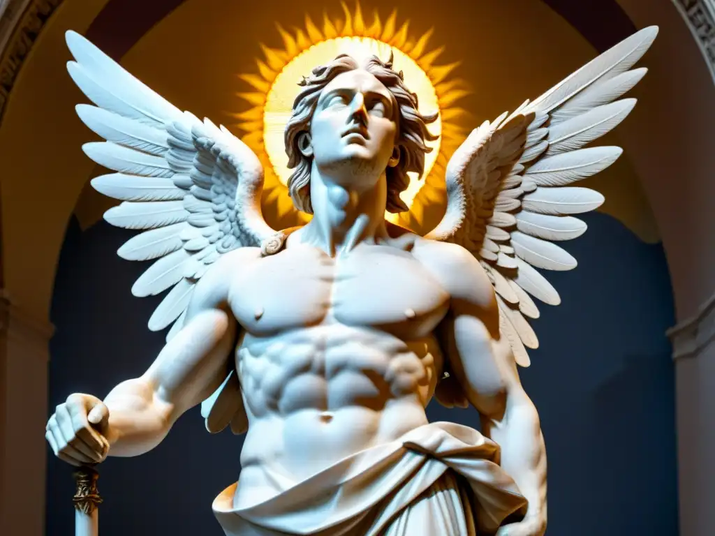 Escultura de mármol de Ícaro: el momento de la caída La majestuosa escultura de mármol de Ícaro, con alas extendidas y derritiéndose al alcanzar el sol