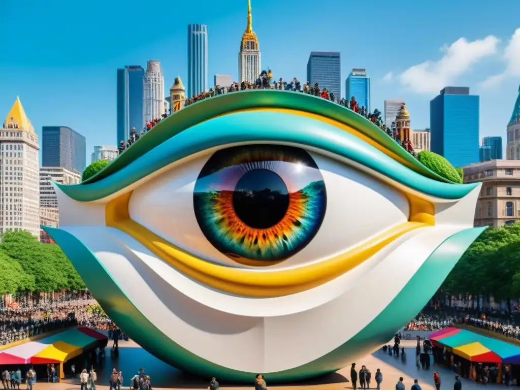 Una majestuosa escultura del ojo que todo ve, rodeada de una ciudad bulliciosa y admiradores de diversas culturas