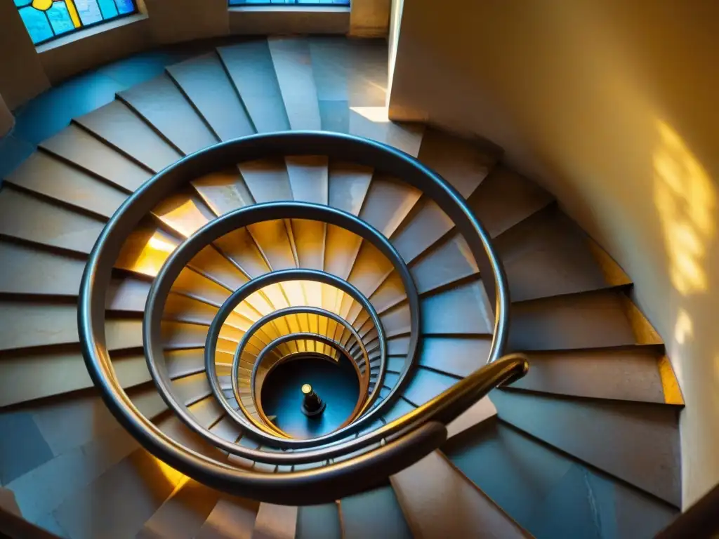 Majestuosa espiral en catedral: escalera antigua, luz dorada, vitrales