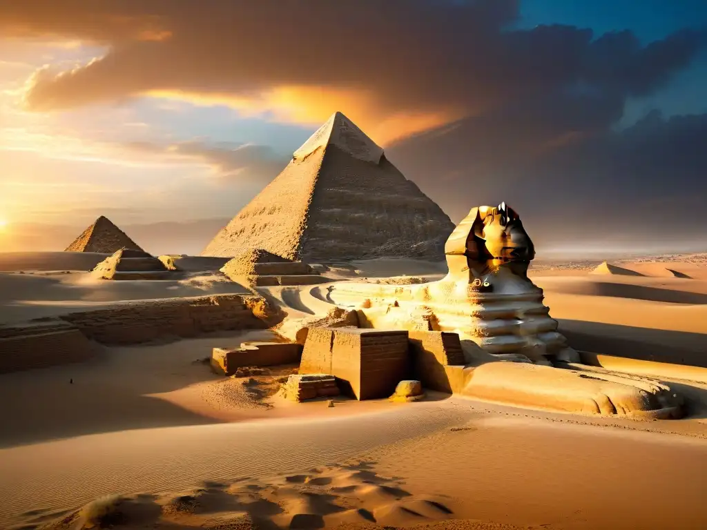 Majestuosa imagen del Gran Esfinge de Giza al atardecer, con sombras largas en la arena y las pirámides de fondo, bajo un cielo dramático