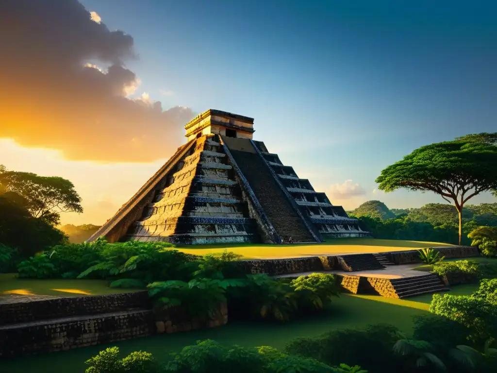 Majestuosa pirámide maya al atardecer, proyectando sombra en la exuberante selva