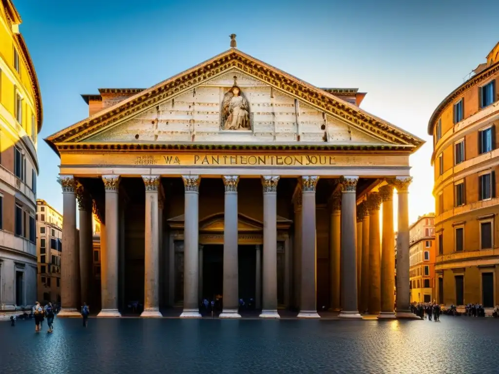 Majestuosa cúpula del Panteón de Roma al atardecer, destacando sus detalles y secretos sociedades secretas Roma