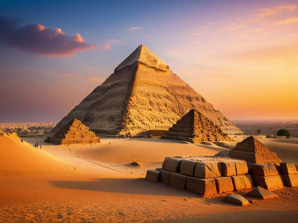 Majestuosa pirámide de Giza al atardecer, con jeroglíficos iluminados por el sol, creando una atmósfera enigmática