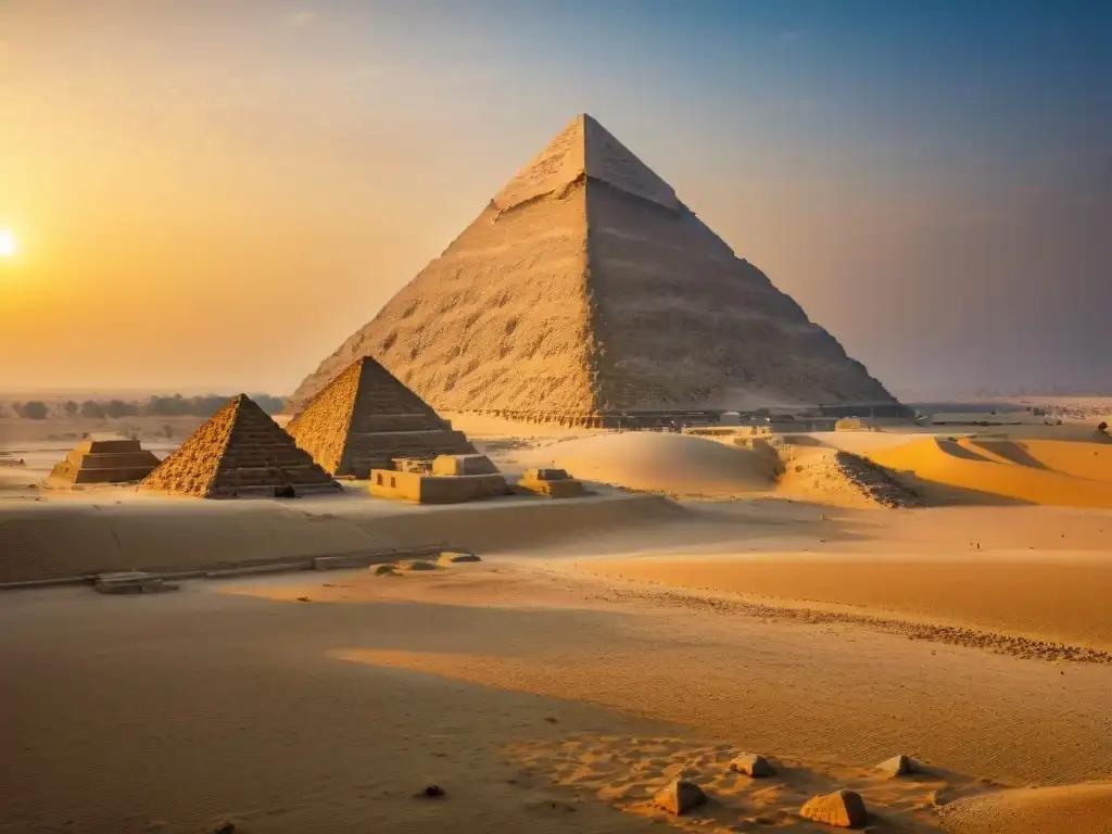 Majestuosa pirámide de Giza al amanecer, revelando secretos sociedades secretas pirámides energía