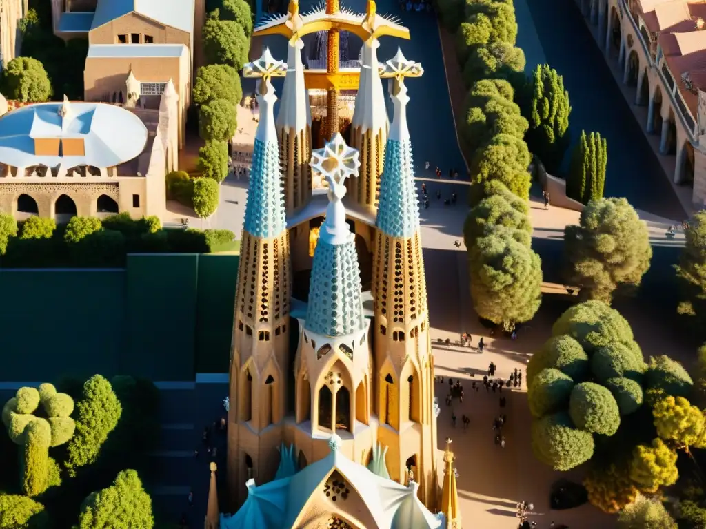 Majestuosa vista aérea de la Sagrada Familia en Barcelona, destacando los detalles inspirados en el símbolo del Árbol de la Vida