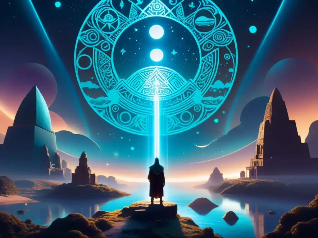 Ritual secreto en el plano astral: misterio y sabiduría esotérica Majestuosas estructuras antiguas iluminadas en el plano astral por sociedades secretas
