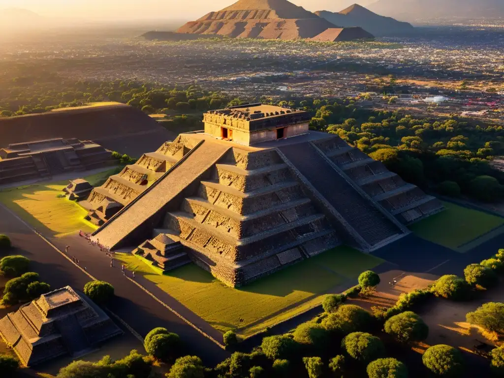 Majestuosas pirámides de Teotihuacán bañadas en luz dorada del atardecer, revelan la avanzada planificación urbana de esta enigmática civilización