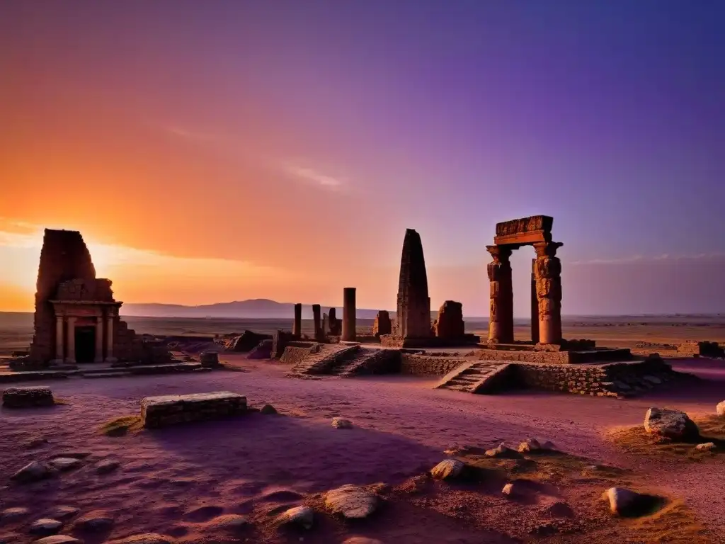 Majestuosas ruinas de Harran al anochecer, con figura solitaria entre templos Sabianos