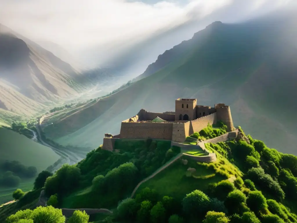 Majestuosas ruinas de la Fortaleza de Alamut envueltas en niebla, con el sol entre nubes, destacando murallas y torres