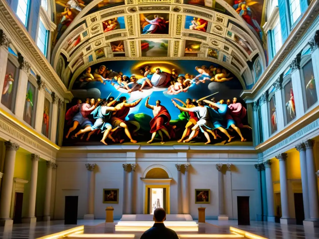 La majestuosidad de la Capilla Sixtina en el Vaticano con la creación de Adán por Miguel Ángel, rodeada de colores vibrantes y arquitectura detallada