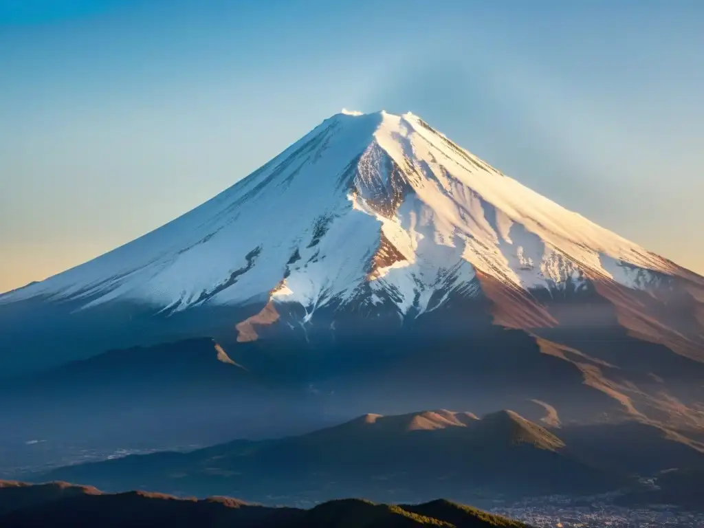 La majestuosidad del Monte Fuji al atardecer, con patrones detallados y texturas, bajo una cálida luz dorada