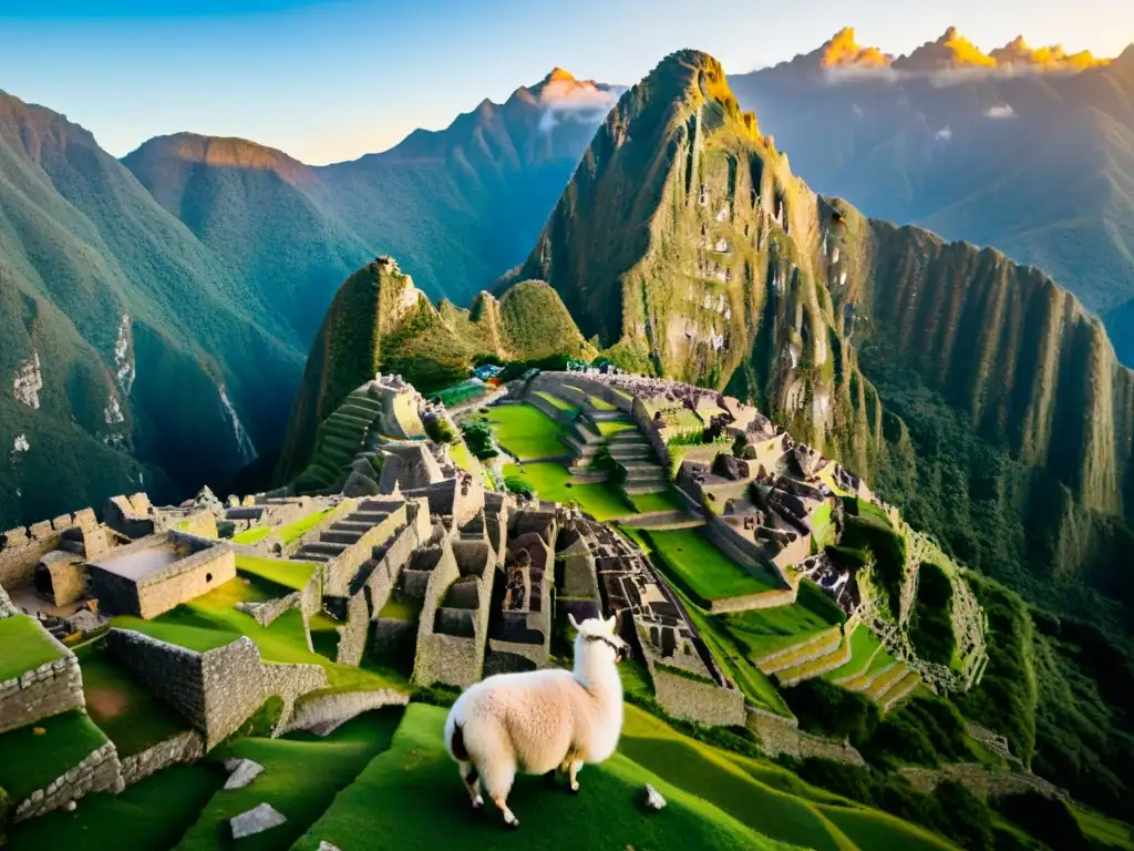 La majestuosidad de Machu Picchu al amanecer, con ruinas antiguas entre montañas neblinosas y una llama