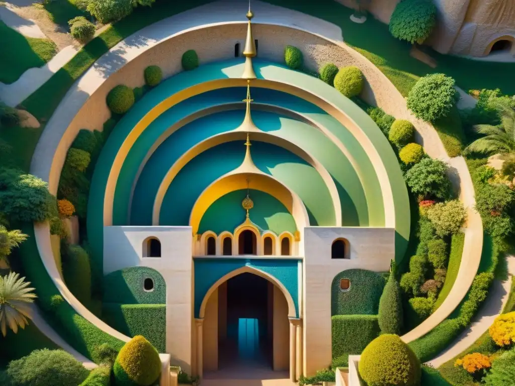 Explora la majestuosidad de los Templos de Damanhur en esta vista aérea, con túneles, murales y símbolos místicos iluminados por una luz etérea