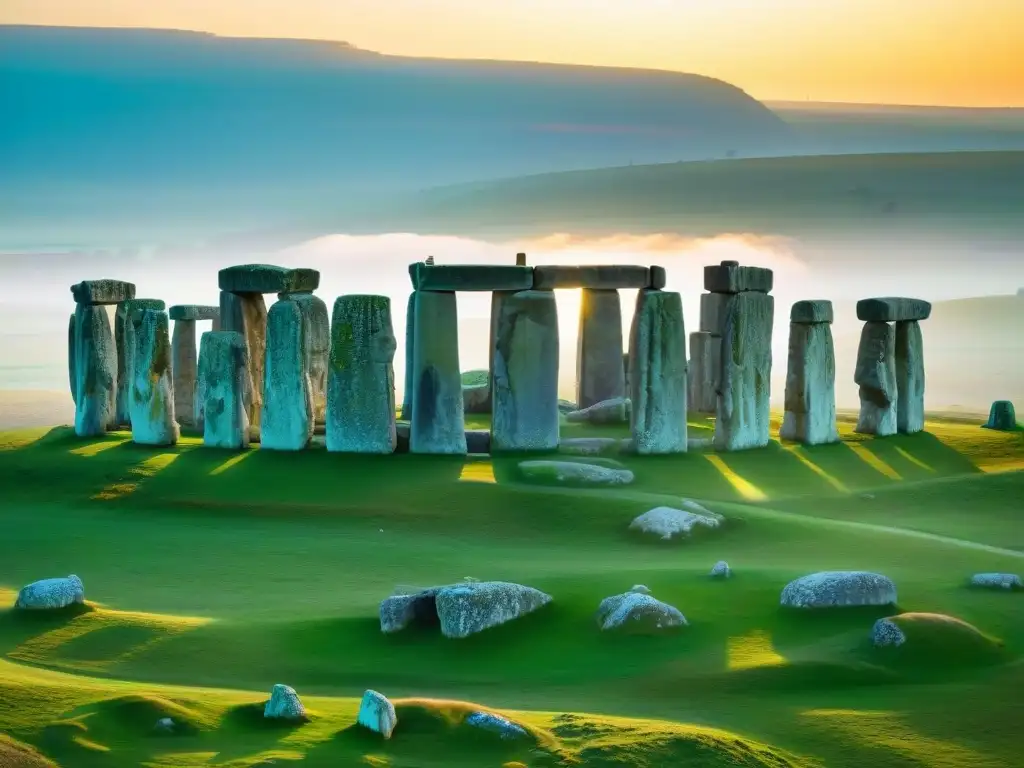 Majestuoso amanecer en Stonehenge, con las antiguas piedras bañadas en luz dorada