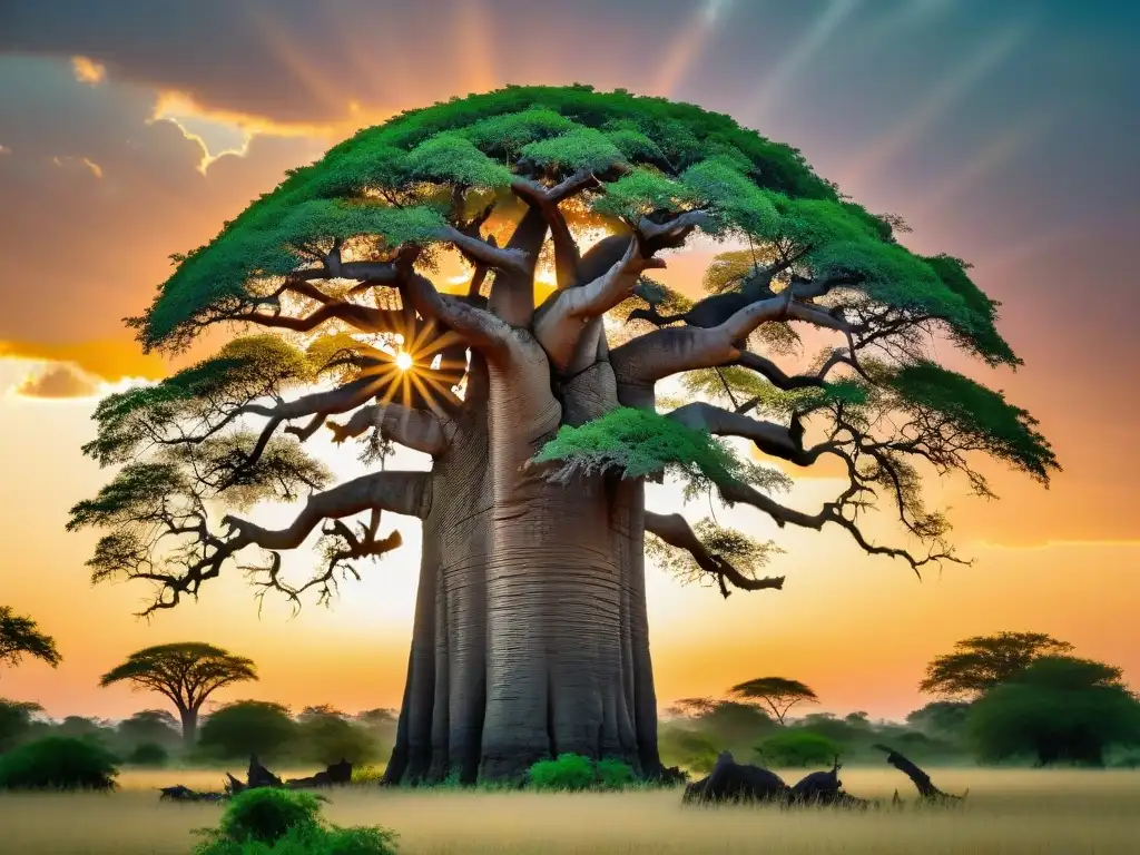 Un majestuoso árbol de Baobab al atardecer, simbolizando vida y conexiones en culturas