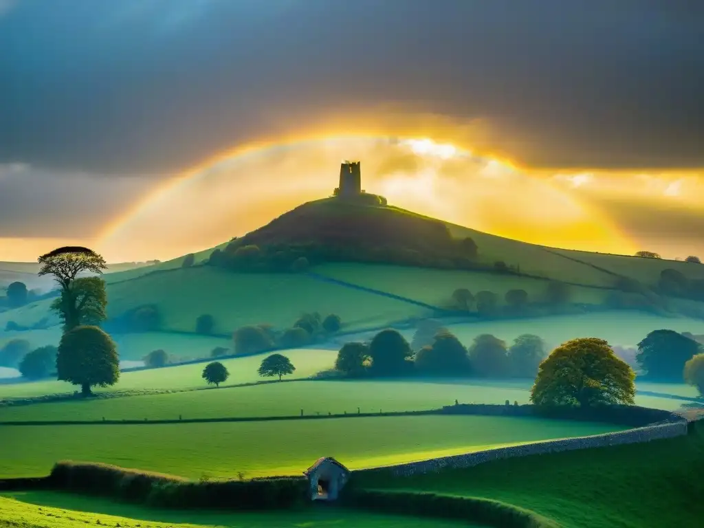 Majestuoso Glastonbury Tor y la mística Abadía, con un arcoíris sutil, evocando las sociedades secretas en la historia