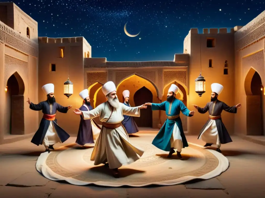 Majestuoso baile de Derviches en Persia, iluminados por linternas bajo un cielo estrellado