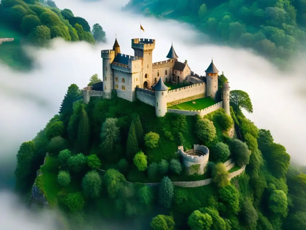 Majestuoso castillo medieval entre la niebla, con muros de piedra, torres imponentes y un aura de misterio e historia