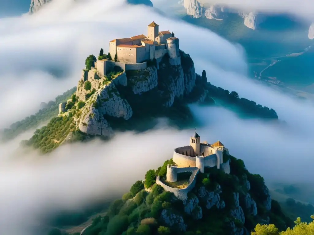 Majestuoso Castillo de Montségur envuelto en neblina, evocando la influencia de la sociedad secreta cátara