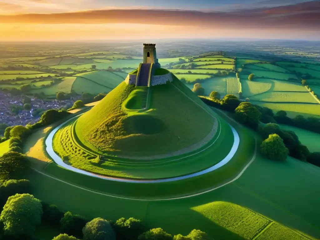 Majestuoso Glastonbury Tor con detalles intrincados y místicos, bajo un vibrante atardecer