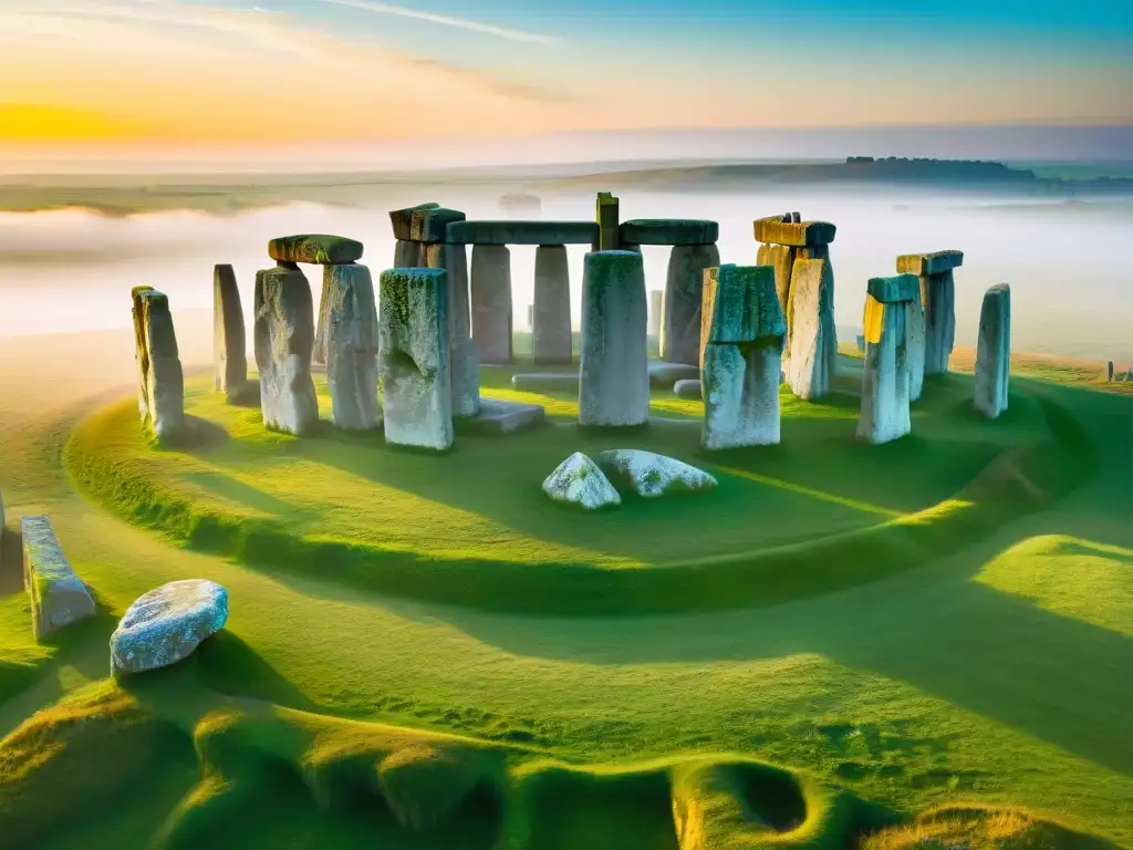 Majestuoso Stonehenge envuelto en misteriosa niebla al amanecer, revelando secretos de las sociedades secretas