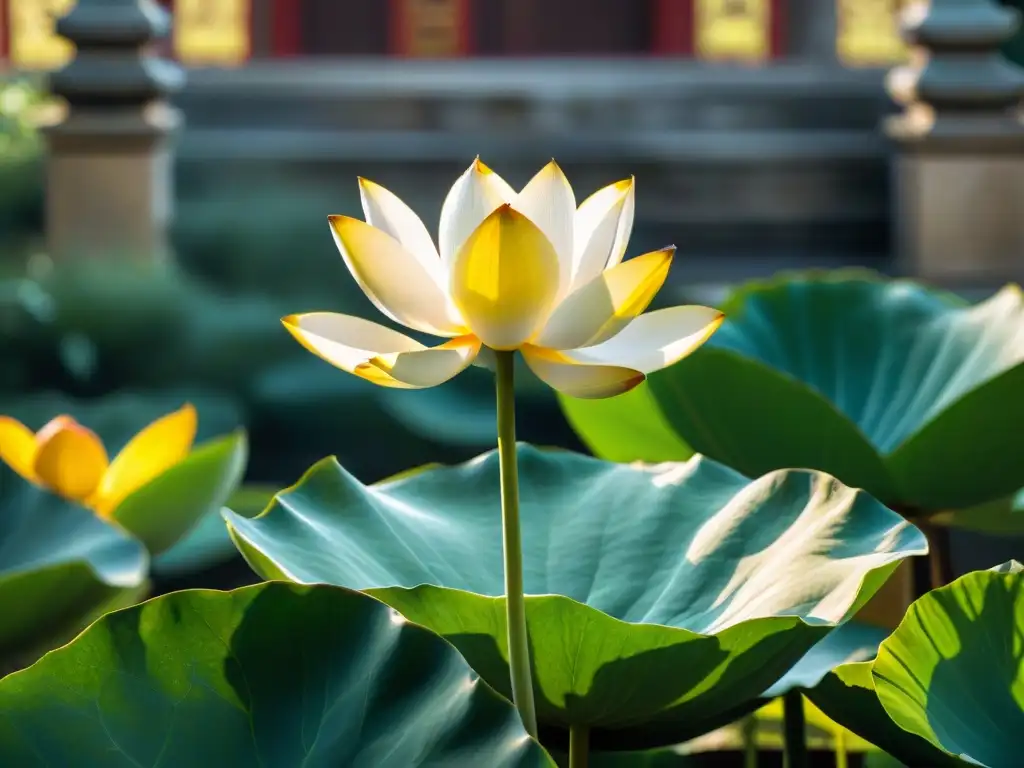 Majestuoso loto dorado en jardín de templo con estatuas de monjes en meditación, representando la esencia espiritual de la Orden del Loto Blanco China