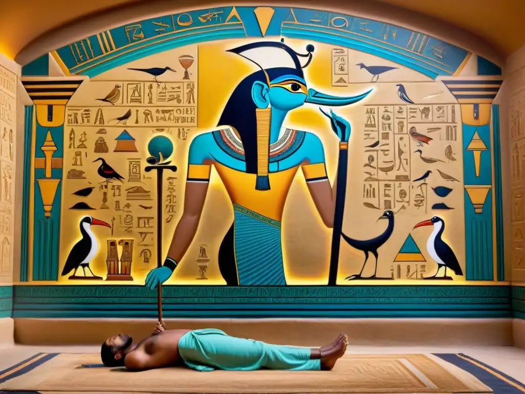 Majestuoso mural de Thoth, dios egipcio, rodeado de símbolos y jeroglíficos en una luz dorada