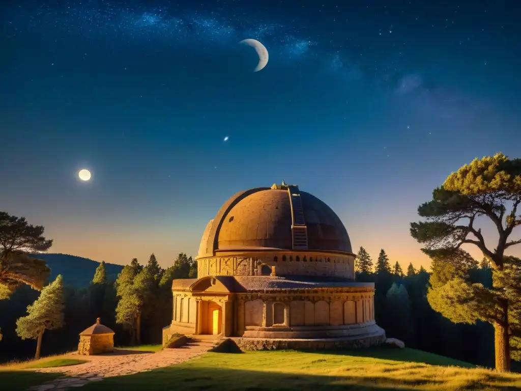 Majestuoso observatorio de piedra antiguo iluminado por la luna llena en un bosque estrellado, revelando símbolos celestiales y misterios cósmicos