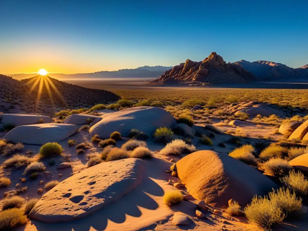 Majestuoso paisaje del desierto de Mojave al atardecer con petroglifos antiguos