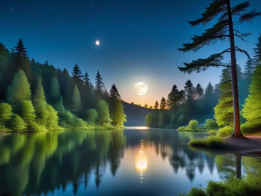 Majestuoso paisaje nocturno en un bosque iluminado por la luna llena sobre un lago tranquilo