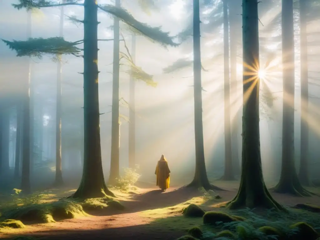 Misterioso ritual al amanecer en el bosque ancestral Majestuoso ritual en un bosque antiguo al amanecer, donde sociedades secretas celebran influencias ancestrales