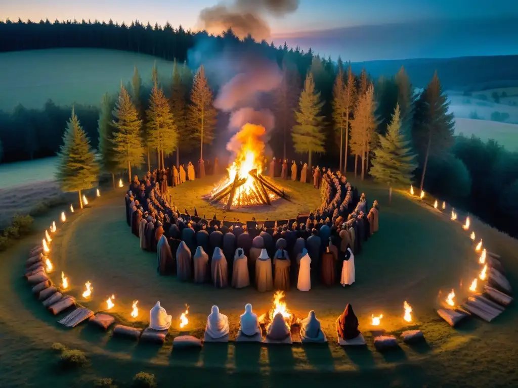 Majestuoso ritual en un bosque antiguo al anochecer, con figuras alrededor de una fogata