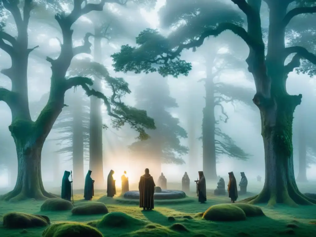 Ritual druídico al amanecer: conexión ancestral en el bosque Majestuoso ritual Druida en un claro del bosque al amanecer, entre neblina mística