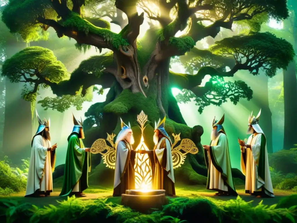 Majestuoso ritual de druidas en un bosque mágico