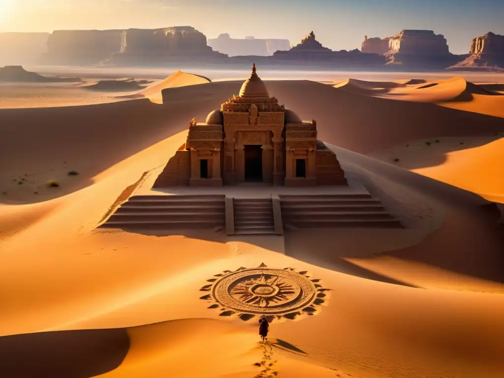 Majestuoso templo de arena con símbolos tallados, bañado en luz dorada del atardecer