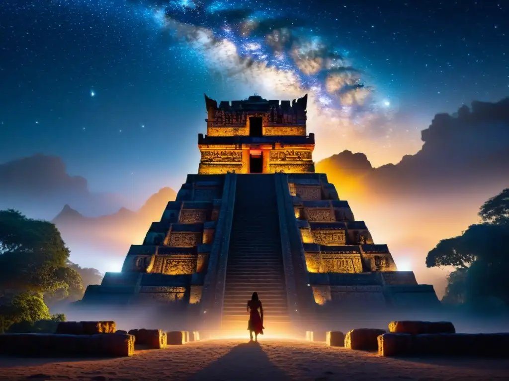 Majestuoso templo maya envuelto en niebla con grabados de seres celestiales y constelaciones, iluminado por un cometa en el cielo estrellado
