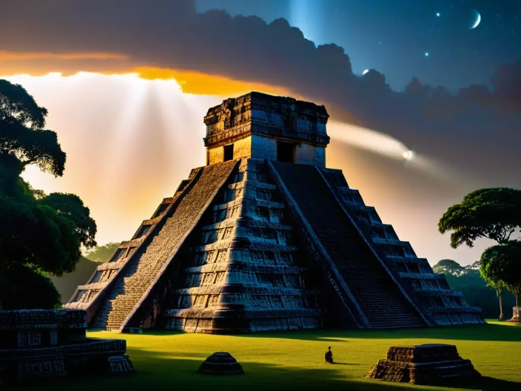 Majestuoso templo maya iluminado por misteriosa luz estelar, revelando sociedades secretas precolombinas visitantes estelares
