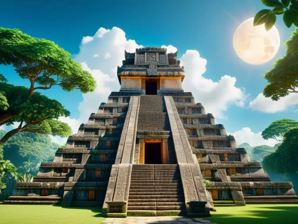 Majestuoso templo maya con símbolos secretos de América Precolombina en detallada escultura celestial y sombras en equinoccios