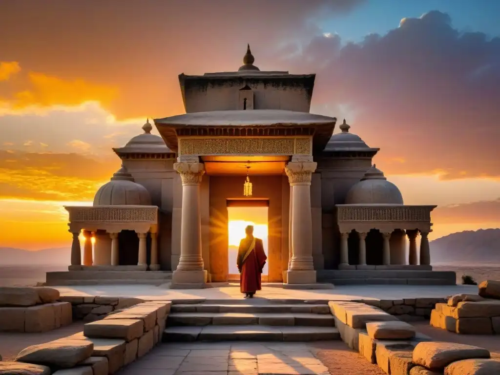 Majestuoso templo del Zoroastrismo con símbolos antiguos tallados, bañado por la luz dorada del atardecer y una figura en contemplación