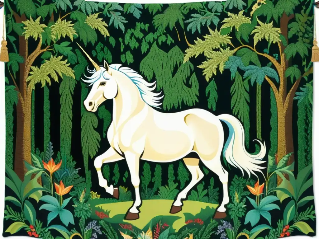 Un majestuoso unicornio en un exuberante bosque rodeado de criaturas míticas y un cuerno brillante, capturando el origen y significado del unicornio