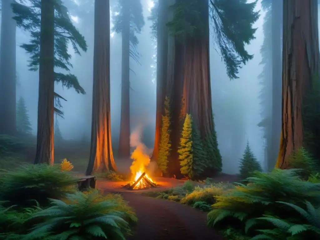 Majestuosos redwoods en la niebla, un sendero lleva a figuras misteriosas en ritual alrededor del fuego