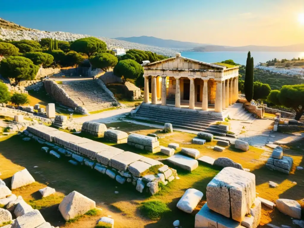 Majestuosos restos de los Misterios Eleusinos en Grecia, revelando ruinas de piedra adornadas con símbolos en el Telesterion