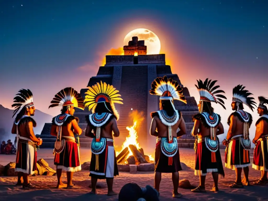 Majestuosos sacerdotes aztecas en ritual nocturno bajo la luna