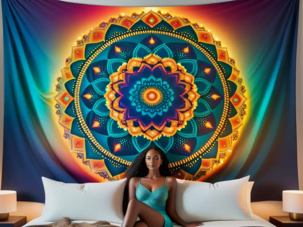 Un mandala cósmico de colores vibrantes y seres etéreos, entrelazando dimensiones en una intrincada obra de arte