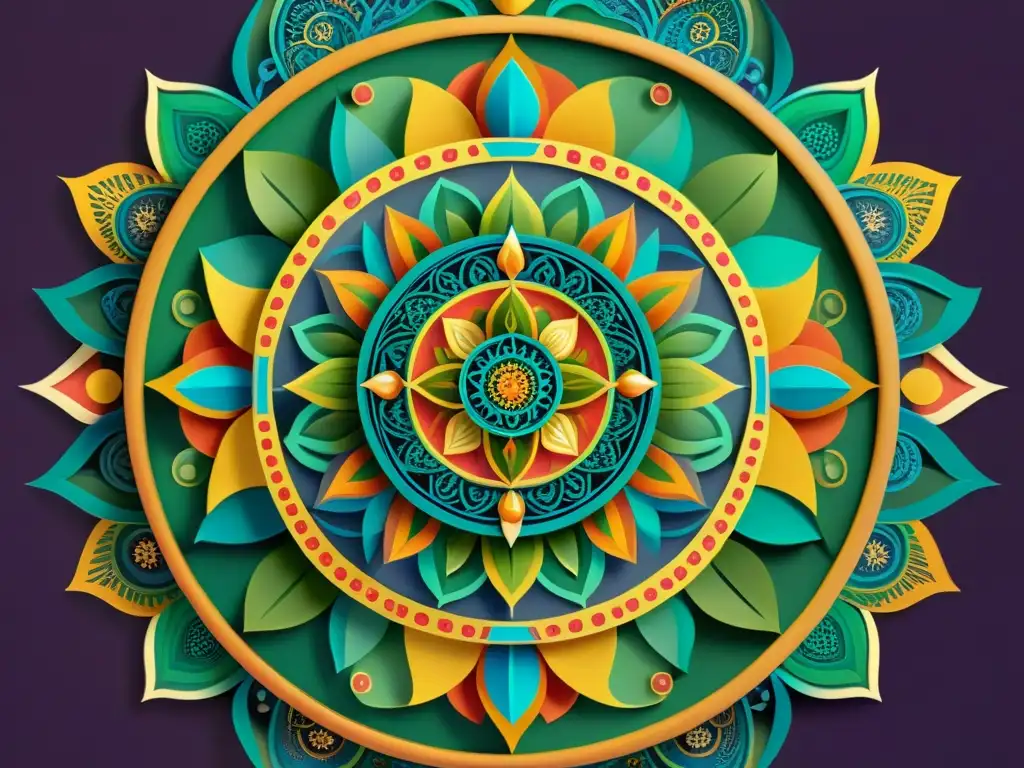 Un mandala intrincado con colores vibrantes y patrones geométricos, simbolizando vida y espiritualidad