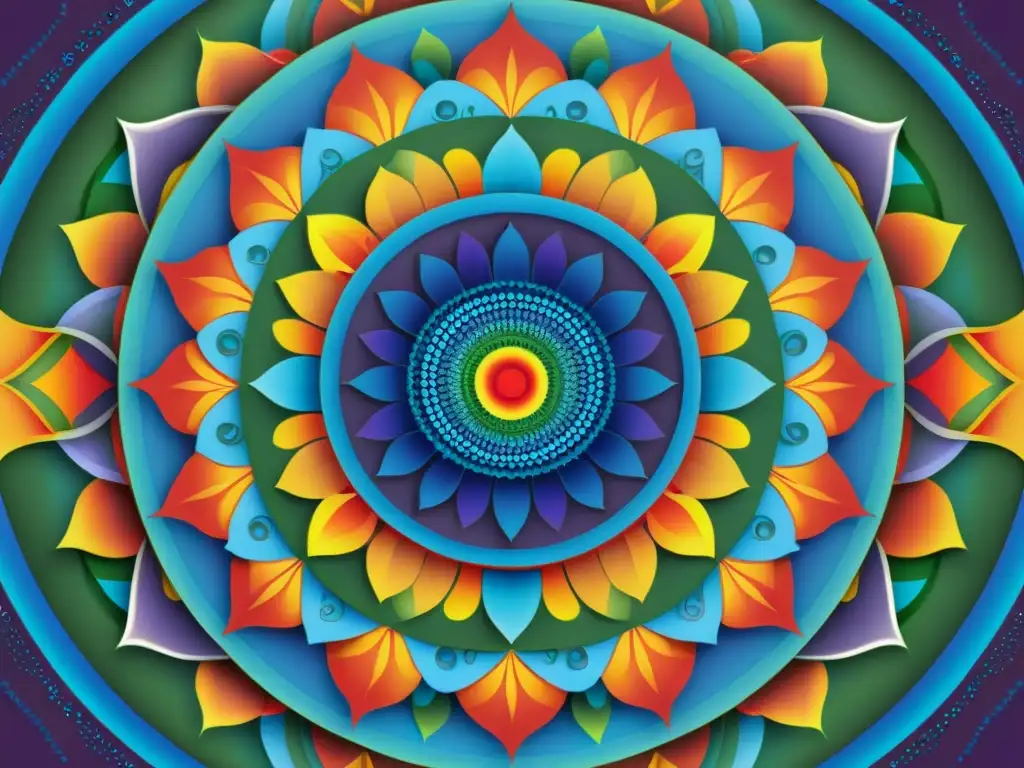 Un mandala intrincado con vibrantes colores que simbolizan armonía y equilibrio en la terapia de color para mejorar