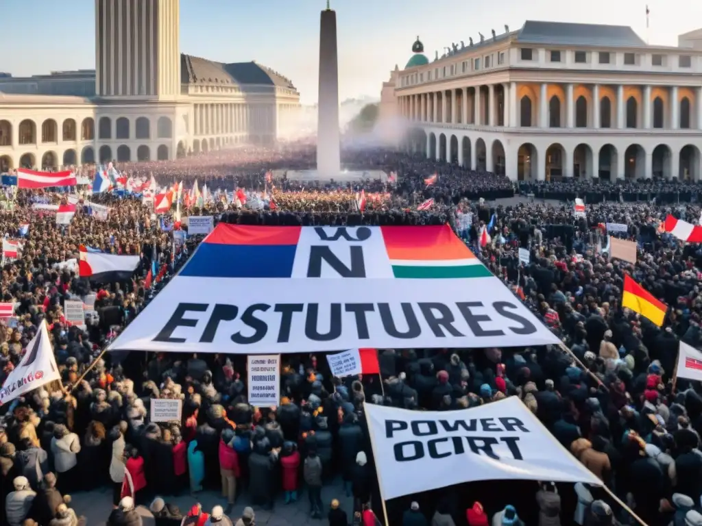 Manifestaciones en plaza de ciudad caótica en búsqueda de un Nuevo Orden Mundial influencia sociedad