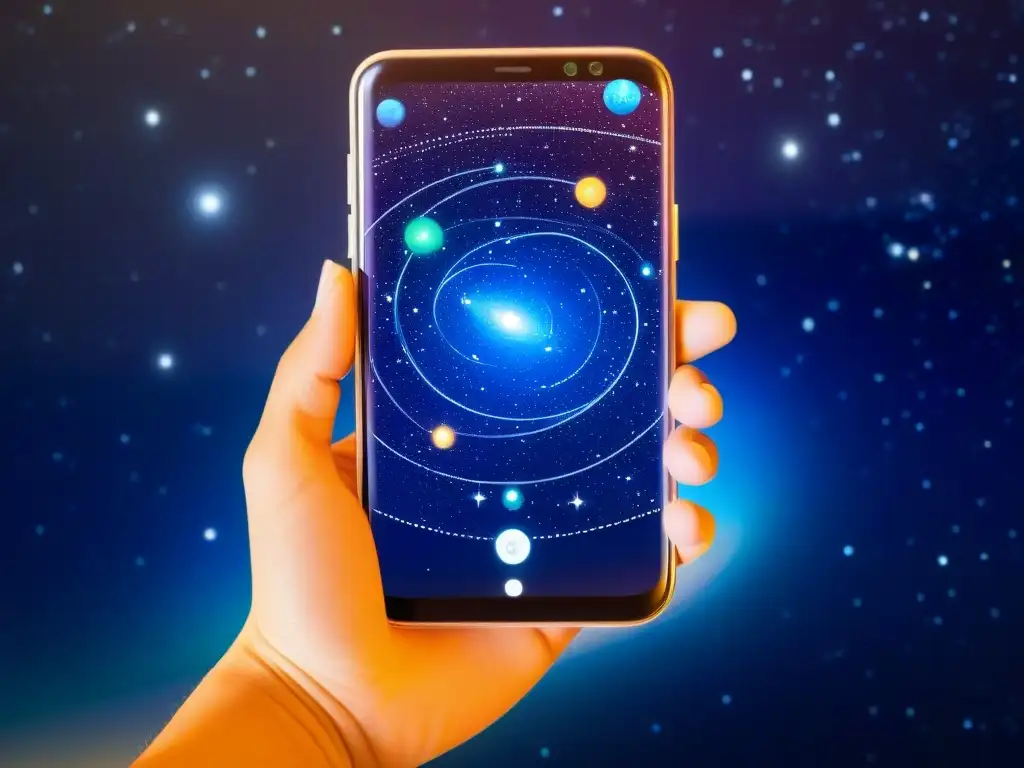 Mano sostiene móvil con app de mapa galáctico detallado, conectando la astrología avanzada con el cosmos en colores vibrantes