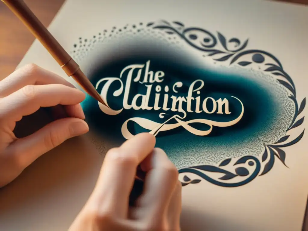Mano de calígrafo formando símbolos con pluma, simbolismo oculto caligrafía tipografía