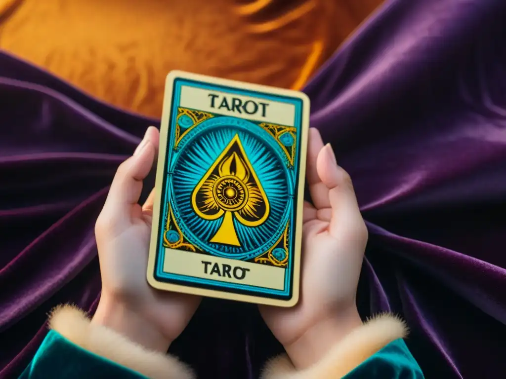 Una mano sostiene una carta de Tarot Illuminati, con detalles simbólicos y colores vibrantes, creando una atmósfera misteriosa y cautivadora